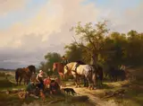 Woodworkers resting at the edge of a forest by Wouterus Verschuur, Oil on canvas, offered Jun 2024