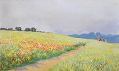 Figures in a flower meadow by Arthur Hughes, Oil on board, offered Jun 2024