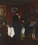 Women in tartan preparing for christmas by Gustav Vermehren, Oil on canvas, sold Jun 2024