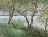 A girl and her turkeys above the bay by Eugène Habert, Oil on canvas, offered Jun 2024