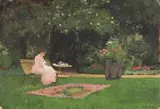 Tea in the garden by Fanny Samuel Luke Fildes, Oil on board, unframed, sold Jun 2024