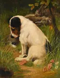 A terrier at a rabbit hole by Arthur Wardle, Oil on canvas, sold Jun 2024