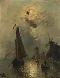 Moonlit canal scene with barges sailing by a windmill by Johan Jongkind, Oil on canvas, offered Jun 2024