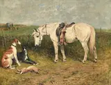 A grey pony with two greyhounds and a hare by John Emms, Oil on canvas, offered Jun 2024