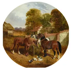 Horses and ducks in a farmyard by John Frederick Herring Junior, Oil on canvas, painted tondo, offered Jun 2024