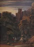 A battle scene in the vicinity of a baronial residence by William Turner of Oxford, Watercolour heightened with bodycolour, sold Jun 2024