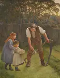 A father and daughters in the garden by Thomas Reynolds Lamont, Watercolour heightened with bodycolour, sold Jun 2024