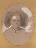 Portrait of a young girl wearing a pendant by Frederick Sandys, Pencil and coloured chalks, oval mount, sold Jun 2024