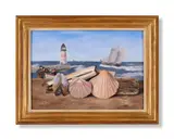 Shells on a beach with figures, a fishing boat and lighthouse by Richard Eurich, 1934, Oil on panel, sold Jun 2024