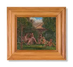 Children in a garden by John Lessore, 1969, Oil on board, sold Jun 2024