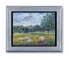 Sheep in a watermeadow by Tory Lawrence, 2004, Oil on panel, sold Jun 2024
