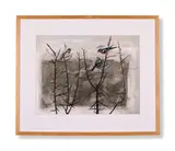 A chaffinch, sparrow and greenfinch on a sloe hedge by Rebecca Polyblank, watercolour and pencil on paper, sold Jun 2024