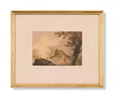 Cottages by a stream with a mother and children on a track by William Payne, Pen and black ink and watercolour on paper, offered Jun 2024