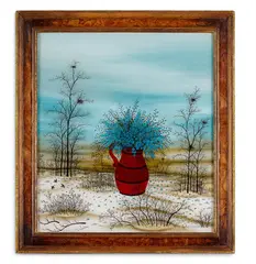 Jug of flowers in a surrealist landscape by Ivan Lacković Croata, Mixed media, sold Apr 2024