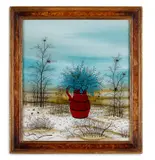 Jug of flowers in a surrealist landscape by Ivan Lacković Croata, Mixed media, sold Apr 2024