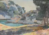 Wooded landscape with hills beyond by Roger Fry, Oil on board, sold Mar 2024