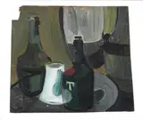 Still life with vat 69 by Terry Frost, 1948, Oil on board, offered Mar 2024