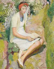 Reading in the garden by Harold Harvey, 1940, Oil on canvas, sold Mar 2024