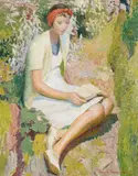 Reading in the garden by Harold Harvey, 1940, Oil on canvas, sold Mar 2024