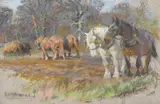 Horses ploughing: preparations by Lucy Kemp-Welch, Pastel, sold Mar 2024