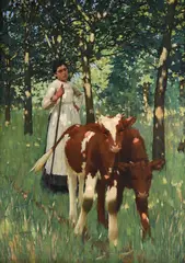 The cow girl by Henry Herbert La Thangue, Oil on canvas, offered Mar 2024