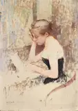 Study of a female figure seated at a writing desk by Henri Royer, Oil on panel, sold Mar 2024