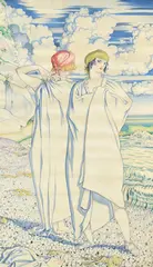 Women on the sea-shore by Albert Rutherston, 1921, Watercolour on silk, sold Mar 2024