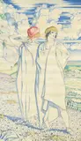 Women on the sea-shore by Albert Rutherston, 1921, Watercolour on silk, sold Mar 2024