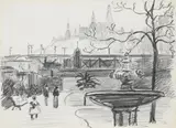 Hungerford bridge with whitehall beyond by Lucien Pissarro, Charcoal, sold Mar 2024