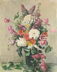 Grand bouquet de fleurs by Drian, Oil on canvas, sold Mar 2024