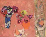 Still life of pansies with pears by Denis Peploe, Oil on canvas, sold Mar 2024