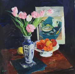 Still life with carnations and tulips by Norman Edgar, Oil on canvas, sold Mar 2024