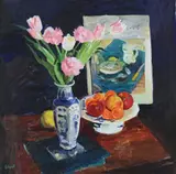 Still life with carnations and tulips by Norman Edgar, Oil on canvas, sold Mar 2024