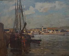 Haven in Cornwall by Rudolf Hellwag, oil on canvas, sold Jul 2024