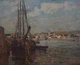 Haven in Cornwall by Rudolf Hellwag, oil on canvas, sold Jul 2024