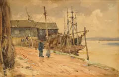 Town scene with church and Harbour scene by Claude Hayes, watercolor, sold Jul 2024