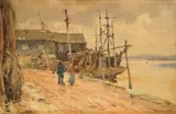 Town scene with church and Harbour scene by Claude Hayes, watercolor, sold Jul 2024