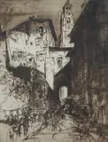 Street scenes with buildings by Frank Brangwyn, lithograph and etching, sold Jul 2024