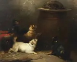 Terriers in a barn surrounding a trapped ratoil on by George Armfield, oil on canvas, sold Jun 2024