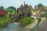 Village scene with ducks on a streamoil on by John Mallard Bromley, oil on canvas, sold Jun 2024
