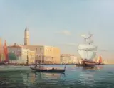 Gondola and sailing ship off the Doges Palace by Noël Georges Bouvard, oil on canvas, offered Jun 2024