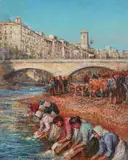 Women washing, Gerona by Arthur Trevor Haddon, oil on board, offered Jun 2024