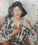 Portrait of a lady wearing an amber bead necklaceoil on by Maria Aldernaght, oil on canvas, sold Jun 2024