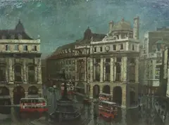 Nocturnal view of Piccadilly Circus by Harold Workman, oil on board, offered Jun 2024