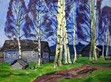 Birch trees and farm buildingsoil on cardsigned and dated ' by Yuri Matushevski, oil on card, offered Jun 2024