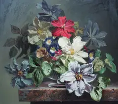 Clematis and Convolvulus by Bennett Oates, oil on board, offered Jun 2024