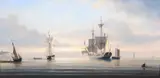 English naval ship and other shipping off the by Timothy Franklin Ross Thompson, oil on canvas, sold Jun 2024