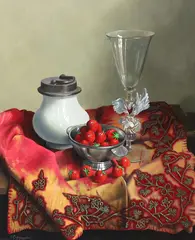 Still life of strawberries in a pewter bowl by Willem Dolphyn, 2002, oil on panel, sold Jun 2024
