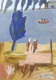 Conversation by the river by Patrick Hayman, oil on board, sold Jun 2024