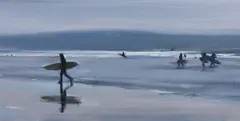 Surfers, Cornwall by Liam Spencer, oil on board, sold Jun 2024